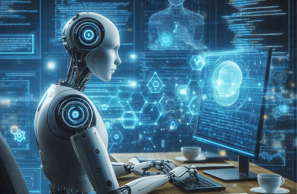 An imaginative depiction of artificial intelligence's future, featuring cutting-edge technology and a vibrant digital environment.