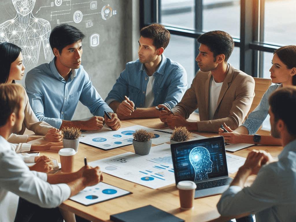 A team of professionals seated at a table, brainstorming together, with a whiteboard illustrating their thoughts and plans.